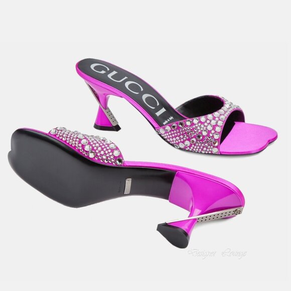 NEW GUCCI Galactica Crystal Embellished Pink Slide Sandals Heels Size EU 37 US 7 - Picture 9 of 16